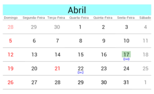 Calendário mostrando dia do exercício da opção quando há feriado