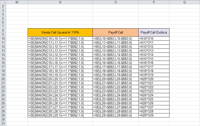 cálculo do payoff de opções exóticas usando excel