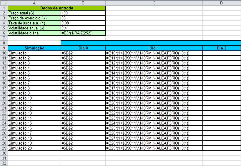 simulação trajetórias aleatórias excel